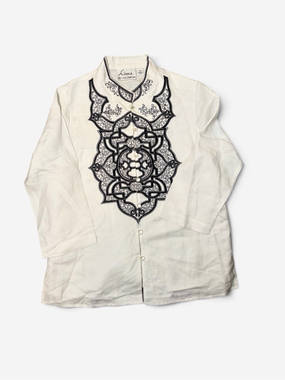 Linea Louis Dell’Olio XS Linen Blend Embroidered White Tunic Blouse